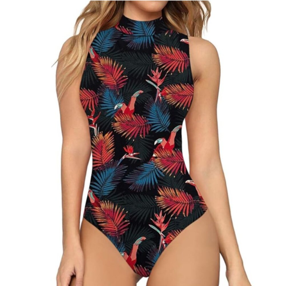 MANGOPOP Women's Mock Turtle Neck Sleeveless Tank Tops Bodysuit Toucans